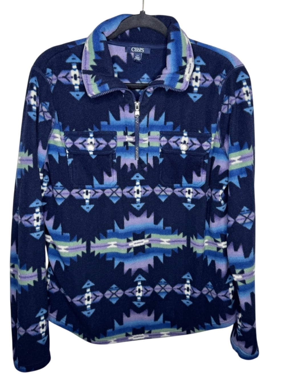 CHAPS / blue purple green Aztec tribal printed fleece 1/4 pullover jacket / L